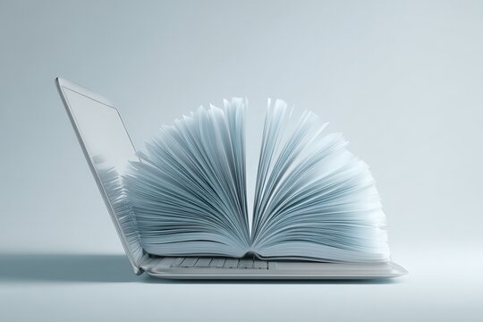 High quality photo of open book pages emerging from a laptop screen, symbolizing digital learning