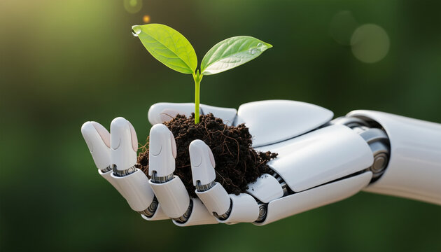 A futuristic robotic hand gently holds a vibrant green seedling with soil, symbolizing technology's role in sustainable growth and environmental care