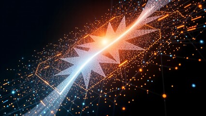 digital particle light beam star burst explosion, duality mirrored energy network connectivity and dynamic motion movement