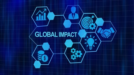 Global Impact Concept with Networked Business Icons and Blue Grid Background Keywords: global, impact, concept, business, world, international, connection, network, strategy, finance