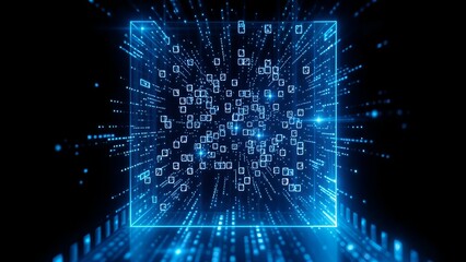 digital virtual hologram holographic particle burst energy motion in data dan code frame, dark cyberspace background