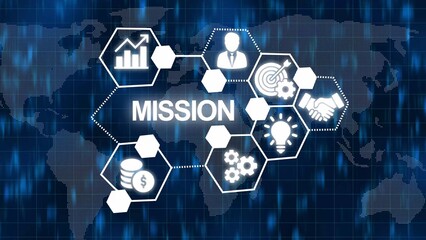 Global Mission Statement Network with Hexagonal Icons and the Word MISION on a Blue Digital World Map