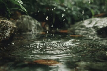 Fototapeta premium High quality photo of raindrops falling into a tranquil forest puddle, creating ripples on the water surface