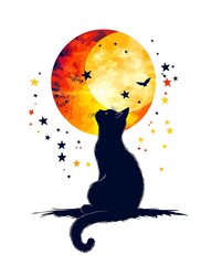 Dreamy Cat and Moon Phone Wallpaper aesthetic cat and moon phone wallpaper background Aesthetic Night Sky Minimal Illustration Cozy Animal Silhouette Background Design
