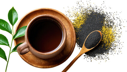 Dark tea, spices, and leaves on wooden plate