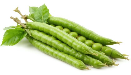 A close up of a pile of green pigeon pea pods with leaves on a white surface in bright lighting
