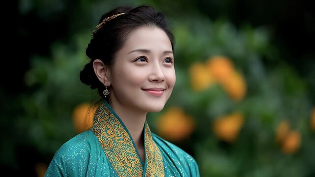 A Tang Dynasty woman smiles, showing the beauty of classical Oriental