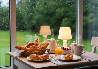 Breakfast table with pastries and drinks near window on a rainy day with lamps providing light