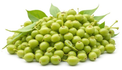A heap of green fruits with stems and leaves isolated on white background in a close up studio shot