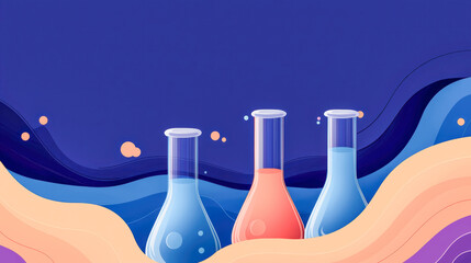Three laboratory glassware beakers with colorful liquid on abstract background, science and chemistry concept, modern and creative style