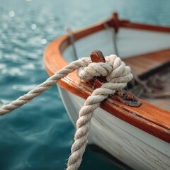Fototapeta premium A Crystal Clear photo of zoom-in of boat rope and hull on lake water.