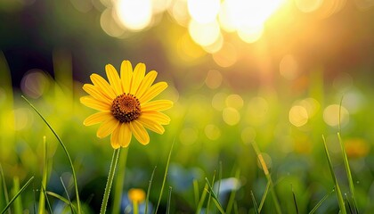 A solitary yellow daisy stands tall in a lush green meadow, bathed in the warm glow of sunlight, creating a serene and vibrant natural scene.