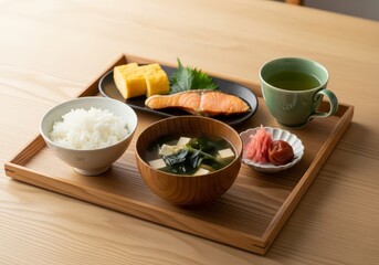 A japanese breakfast set on a wooden tray with rice soup fish egg and green tea on a light table