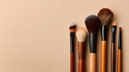Assortment of professional makeup brushes with wooden handles on beige paper