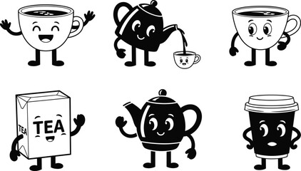 Cartoon coffee cup, cute teapot, happy tea cup, smiling tea box, takeaway coffee cup, anthropomorphic drinks, kawaii beverage illustration