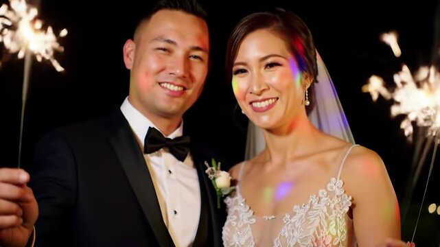 Joyful Wedding Celebration - Couple with Sparklers Sharing Happiness.