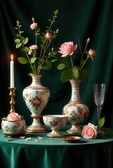 Elegant Still Life Featuring Roses in Ornate Porcelain Vases and Gilded Accents on a Dark Green Tablecloth