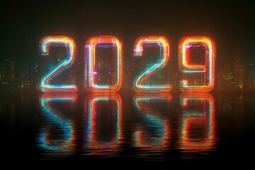 Vibrant Modern Neon Sign Representing Year 2029 in Reflective Water
