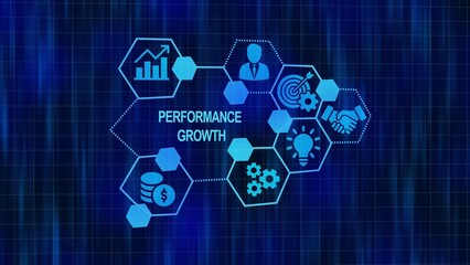 Performance and growth concept diagram with hexagonal icons and blue grid background success business