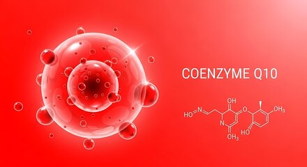 Coenzyme q10 supplement capsule with chemical formula on red background