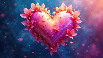 A vibrant pink heart adorned with delicate pink blossoms, floating in a dreamy cosmos of shimmering particles and soft light