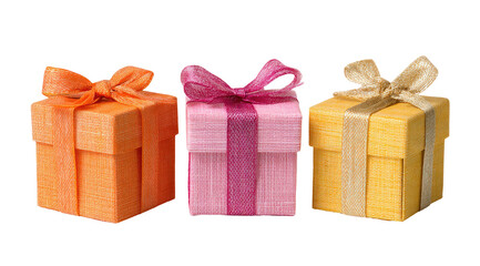 Three small, square gifts, tied with ribbons of varying colors