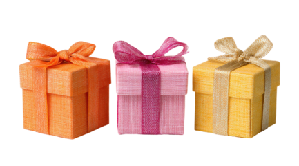 Three small, square gifts, tied with ribbons of varying colors