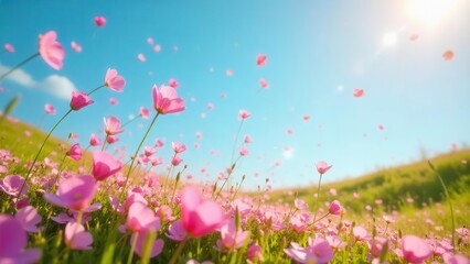 A breathtaking panorama of pink blossoms dancing on a gentle breeze, under a vibrant summer sky, a picturesque scene of natural beauty and serenity