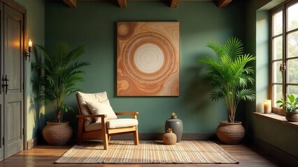 Serene Room Decor Featuring a Wooden Chair, Abstract Artwork, and Lush Greenery in a Tranquil Setting