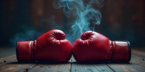 Red boxing gloves resting on a wooden surface with smoke in the background, symbolizing the intensity and aftermath of a fierce competition, a powerful visual metaphor for struggle and victory.