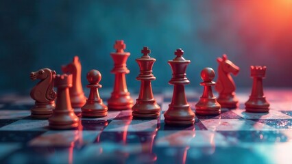 Strategic Wooden Chess Pieces on a Dark Board, Illuminated by Dramatic Lighting