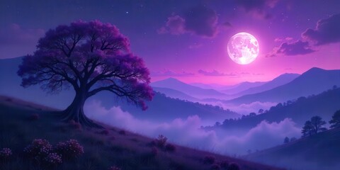 Serene Nightscape A solitary tree blossoms under a vibrant full moon, casting an ethereal glow upon a misty mountain range, creating a breathtaking nocturnal panorama.