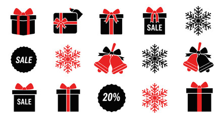Festive Icons: A collection of various Christmas illustrations, featuring gift boxes, snowflakes, and festive bells, embodying the joy of the holiday season and special offers.