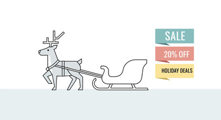 Holiday Sleigh Ride with Offers: A minimalist illustration captures a festive scene, reindeer pulling a sleigh, accompanied by sale and discount labels. perfect for holiday promotions.