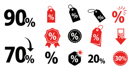 Discount symbols: This visual asset features diverse discount symbols with various percentages, offering a clear and concise representation of price reductions for promotional marketing materials.