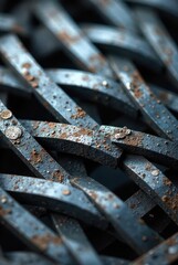 Intricate Steel Latticework A Close-Up View of Rust-Covered Metal Bars Intertwined in a Complex Pattern