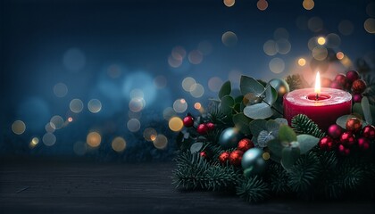 Christmas Candle with Evergreen Garland, Red Berries, and Soft Golden Bokeh on Dark Winter Background