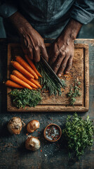 Rustic kitchen vertical mindful cooking chopping board fresh carrot herb knife hand wood spice onion top view
