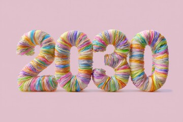 Colorful Yarn Numbers Representing Future Year 2030 on Pink Background