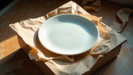 A solitary, pristine white plate nestled within a cardboard box, gently cushioned by crumpled brown packing paper, bathed in soft sunlight.