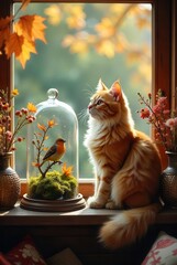 A ginger cat sits serenely on a sunlit windowsill, gazing at a miniature autumnal scene encased in glass, featuring a small bird perched on a mossy branch.