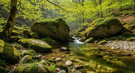 Lush Forest Stream: Moss-Covered Rocks, Sunlight, Tranquil Nature Scene