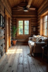 Rustic Cabin Interior with Sunlight Streaming Through Windows and Hardwood Floors, Featuring a Cozy Sofa and Indoor Plant