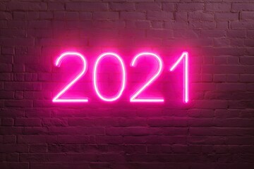 Neon Pink Light 2021 Year Sign on Grunge Wall Background