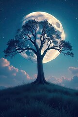 Serene Night Scene Lone Tree Silhouetted Against a Giant Moon in a Starry Sky