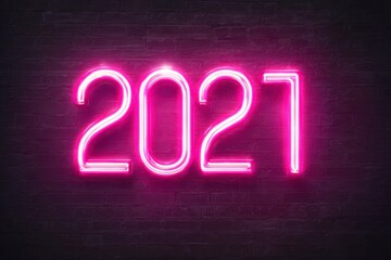 Bright Neon Pink Sign Displaying the Year 2021 on a Dark Background