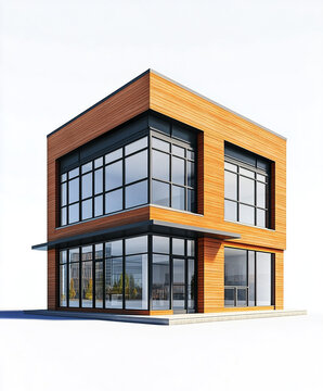 Modern small office building with wooden facade and large windows