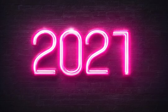 Bright Neon Pink Sign Displaying the Year 2021 on a Dark Background - Powered by Adobe