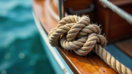 A tightly coiled nautical rope rests on a polished wooden surface, a nautical scene featuring a detailed close-up of textured rope against a blurred watery backdrop