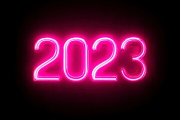 Bright Neon Sign with Year 2023 Glowing in Pink Color on Black Background